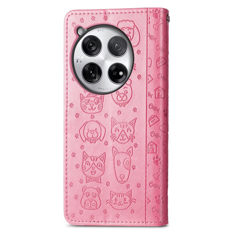 For OnePlus 12 5G Case Cute Cat Dog Imprinted PU Leather Flip Phone Cover - Pink