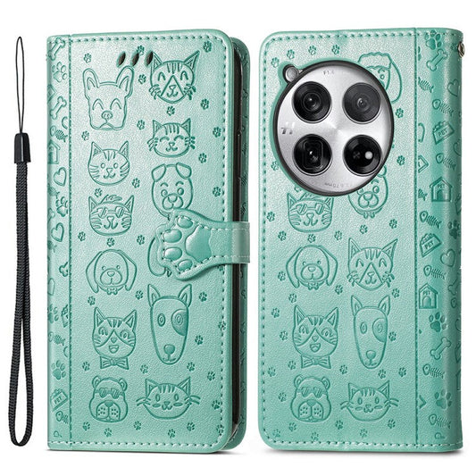 For OnePlus 12 5G Case Cute Cat Dog Imprinted PU Leather Flip Phone Cover - Green