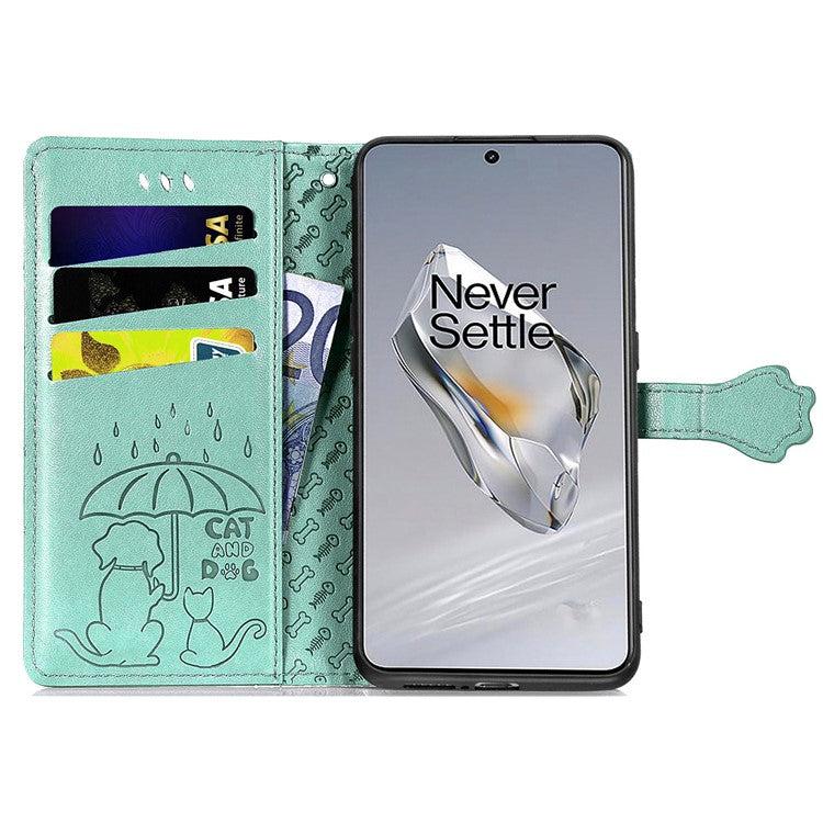 For OnePlus 12 5G Case Cute Cat Dog Imprinted PU Leather Flip Phone Cover - Green