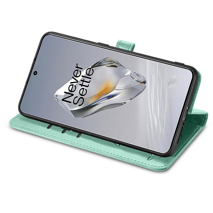For OnePlus 12 5G Case Cute Cat Dog Imprinted PU Leather Flip Phone Cover - Green