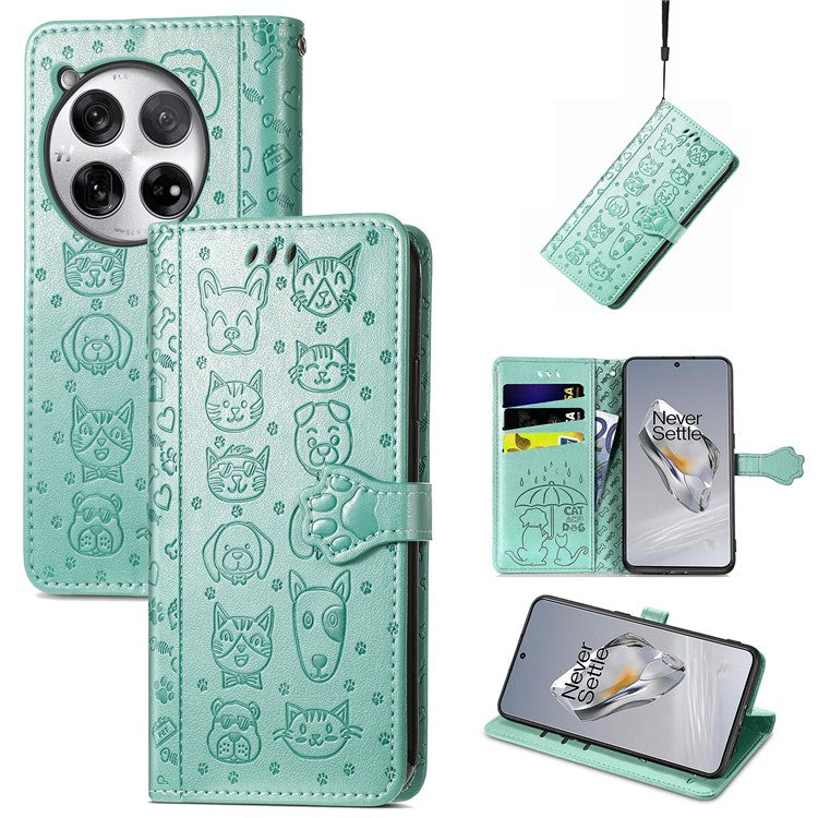For OnePlus 12 5G Case Cute Cat Dog Imprinted PU Leather Flip Phone Cover - Green