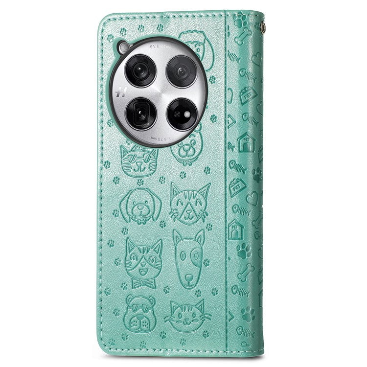 For OnePlus 12 5G Case Cute Cat Dog Imprinted PU Leather Flip Phone Cover - Green