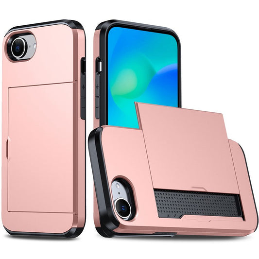 For iPhone 16e Case TPU + PC Dual Layer Armor Phone Cover with Sliding Card Slot - Rose Gold