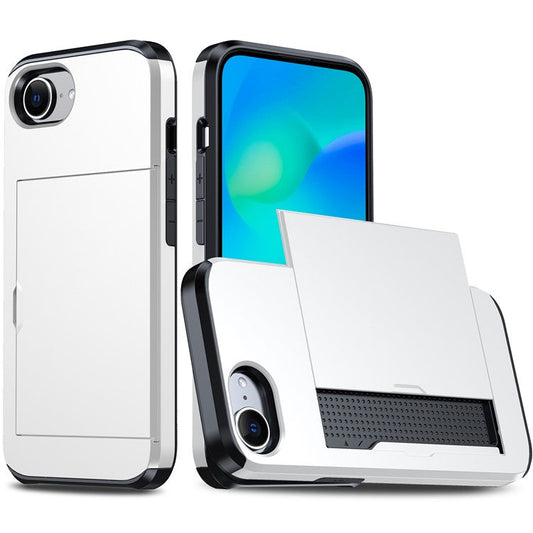 For iPhone 16e Case TPU + PC Dual Layer Armor Phone Cover with Sliding Card Slot - White