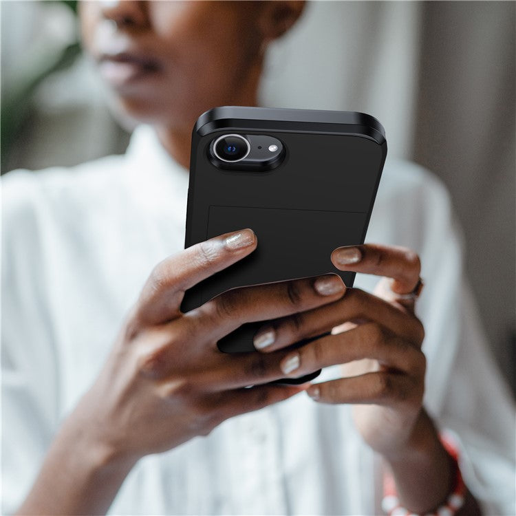 For iPhone 16e Case TPU + PC Dual Layer Armor Phone Cover with Sliding Card Slot - Black