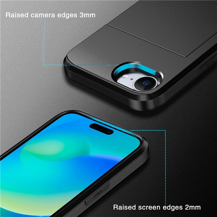 For iPhone 16e Case TPU + PC Dual Layer Armor Phone Cover with Sliding Card Slot - Black
