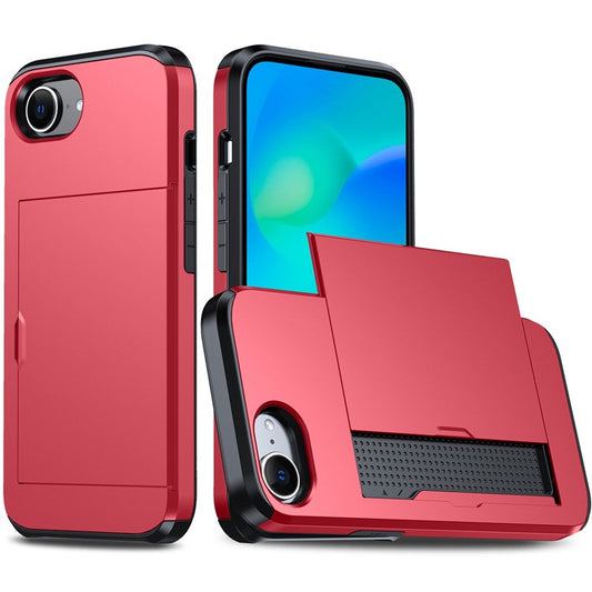 For iPhone 16e Case TPU + PC Dual Layer Armor Phone Cover with Sliding Card Slot - Red