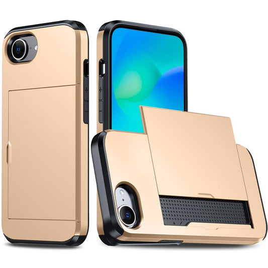 For iPhone 16e Case TPU + PC Dual Layer Armor Phone Cover with Sliding Card Slot - Gold