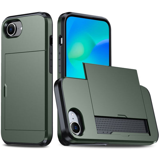 For iPhone 16e Case TPU + PC Dual Layer Armor Phone Cover with Sliding Card Slot - Army Green