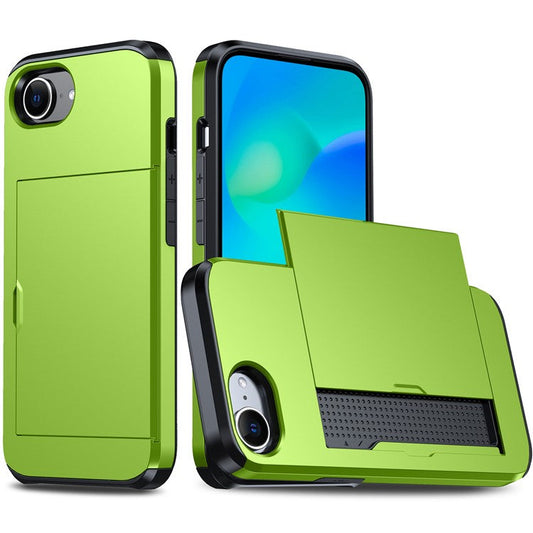 For iPhone 16e Case TPU + PC Dual Layer Armor Phone Cover with Sliding Card Slot - Green