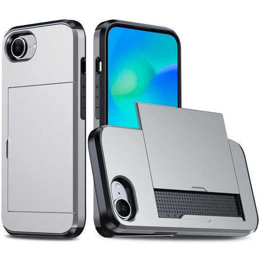 For iPhone 16e Case TPU + PC Dual Layer Armor Phone Cover with Sliding Card Slot - Silver