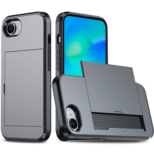 For iPhone 16e Case TPU + PC Dual Layer Armor Phone Cover with Sliding Card Slot - Grey