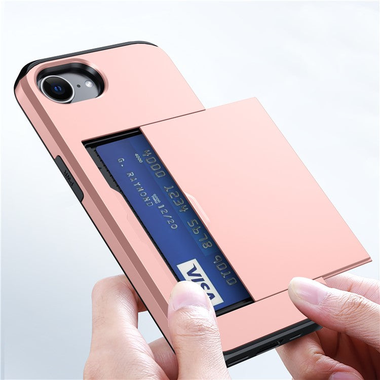For iPhone 16e Case TPU + PC Dual Layer Armor Phone Cover with Sliding Card Slot - Grey