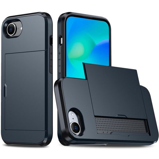 For iPhone 16e Case TPU + PC Dual Layer Armor Phone Cover with Sliding Card Slot - Navy Blue
