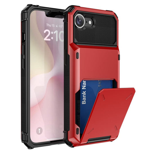 For iPhone 16e Phone Cover PC+TPU Dual Layer Back Case with Card Holder - Red