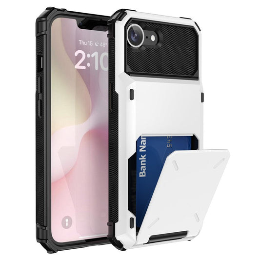 For iPhone 16e Phone Cover PC+TPU Dual Layer Back Case with Card Holder - White