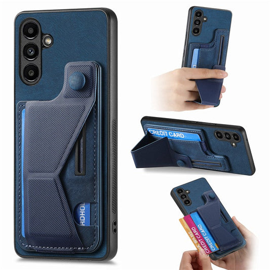 D13 For Samsung Galaxy A15 4G / A15 5G Kickstand Case Retro PU+TPU Card Slot Phone Shell - Blue