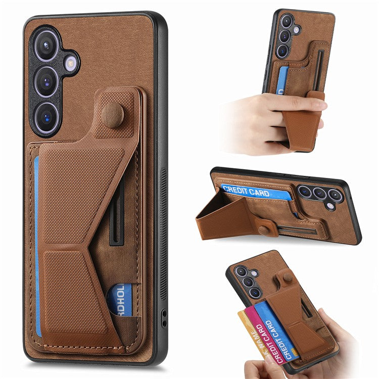 D13 For Samsung Galaxy S24 Kickstand Case Retro PU+TPU Card Holder Smart Phone Cover - Brown