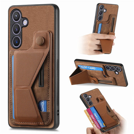 D13 For Samsung Galaxy S24 Kickstand Case Retro PU+TPU Card Holder Smart Phone Cover - Brown