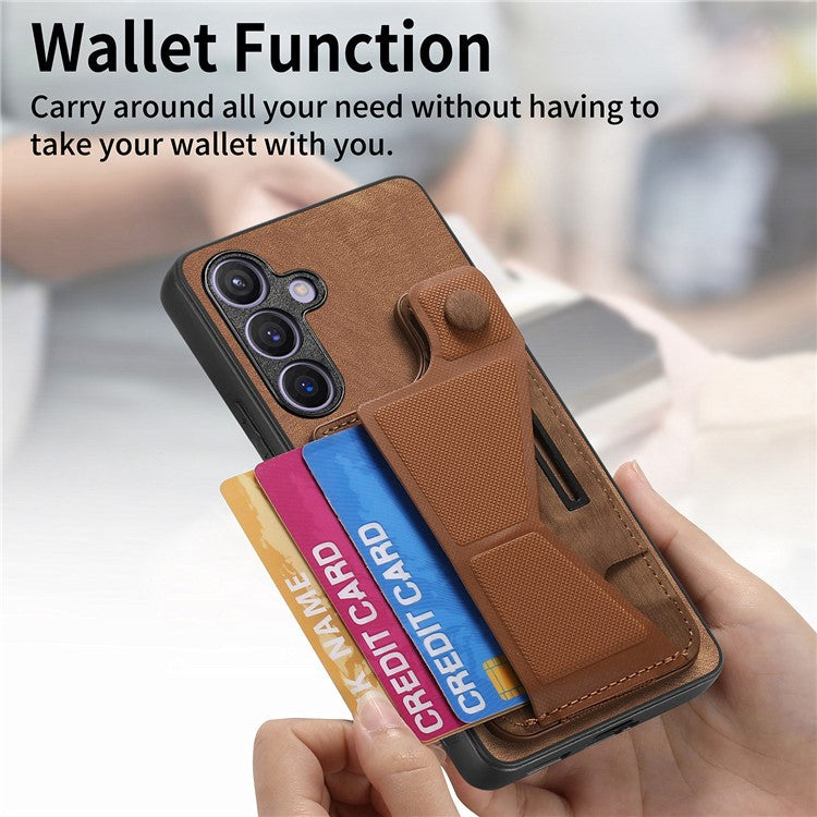 D13 For Samsung Galaxy S24 Kickstand Case Retro PU+TPU Card Holder Smart Phone Cover - Brown
