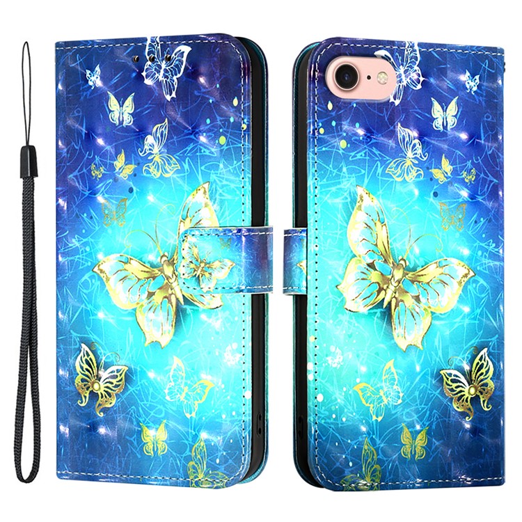 YB Pattern Printing Leather Series-2 For iPhone SE (2025) Protective Case with Hand Strap - Golden Butterflies