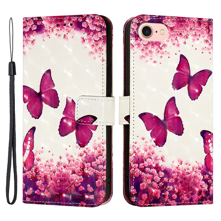 YB Pattern Printing Leather Series-2 For iPhone SE (2025) Protective Case with Hand Strap - Rose Butterflies