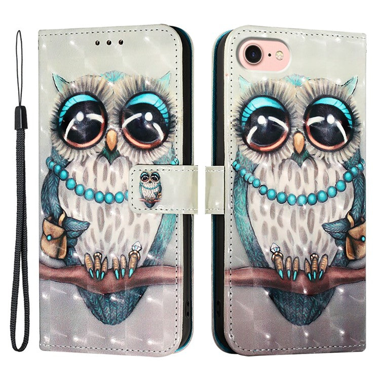 YB Pattern Printing Leather Series-2 For iPhone SE (2025) Protective Case with Hand Strap - Grey Owl