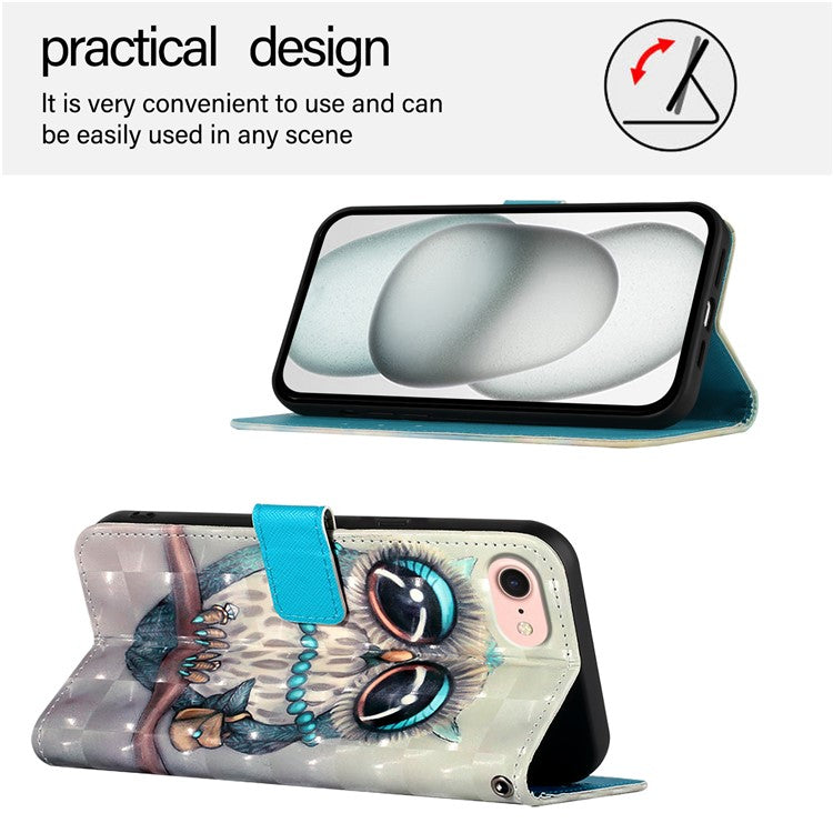 YB Pattern Printing Leather Series-2 For iPhone 16e Protective Case with Hand Strap - Grey Owl