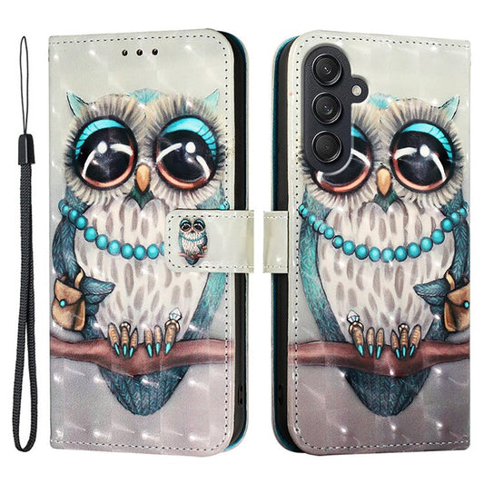 For Samsung Galaxy M55 5G / C55 5G / F55 5G Leather Case Pattern Printing Wallet Stand Mobile Cover with Strap - Grey Owl