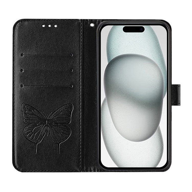 YB Imprinting Series-4 For iPhone SE (2025) Wallet Case Shockproof Leather Phone Cover with Hand Strap - Black