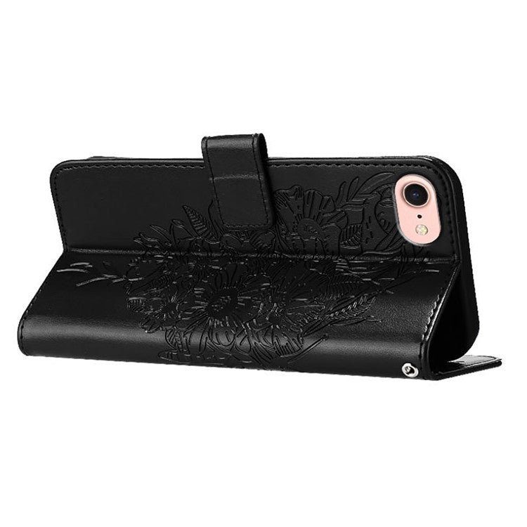 YB Imprinting Series-4 For iPhone SE (2025) Wallet Case Shockproof Leather Phone Cover with Hand Strap - Black