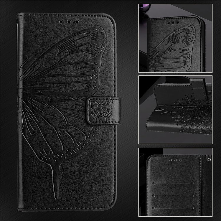 YB Imprinting Series-4 For iPhone SE (2025) Wallet Case Shockproof Leather Phone Cover with Hand Strap - Black