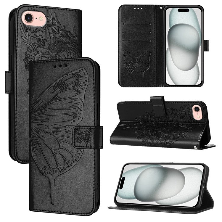 YB Imprinting Series-4 For iPhone SE (2025) Wallet Case Shockproof Leather Phone Cover with Hand Strap - Black