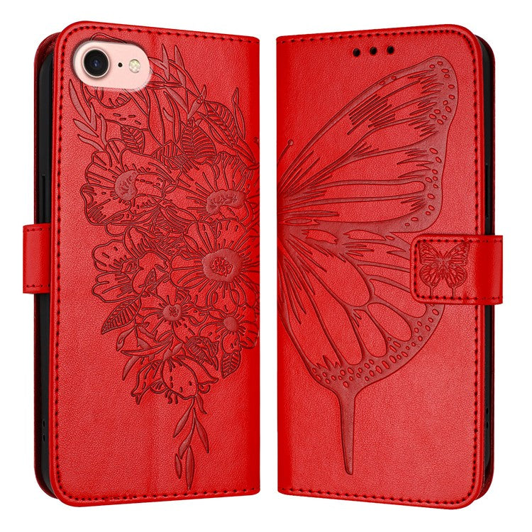 YB Imprinting Series-4 For iPhone SE (2025) Wallet Case Shockproof Leather Phone Cover with Hand Strap - Red