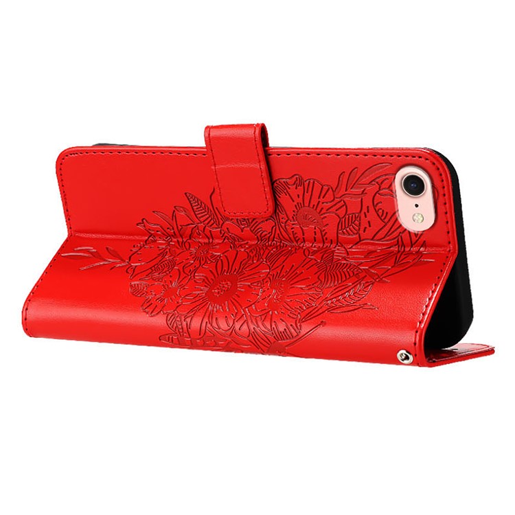 YB Imprinting Series-4 For iPhone SE (2025) Wallet Case Shockproof Leather Phone Cover with Hand Strap - Red