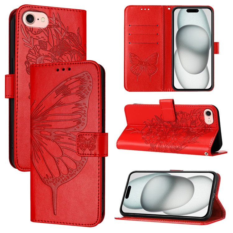 YB Imprinting Series-4 For iPhone SE (2025) Wallet Case Shockproof Leather Phone Cover with Hand Strap - Red