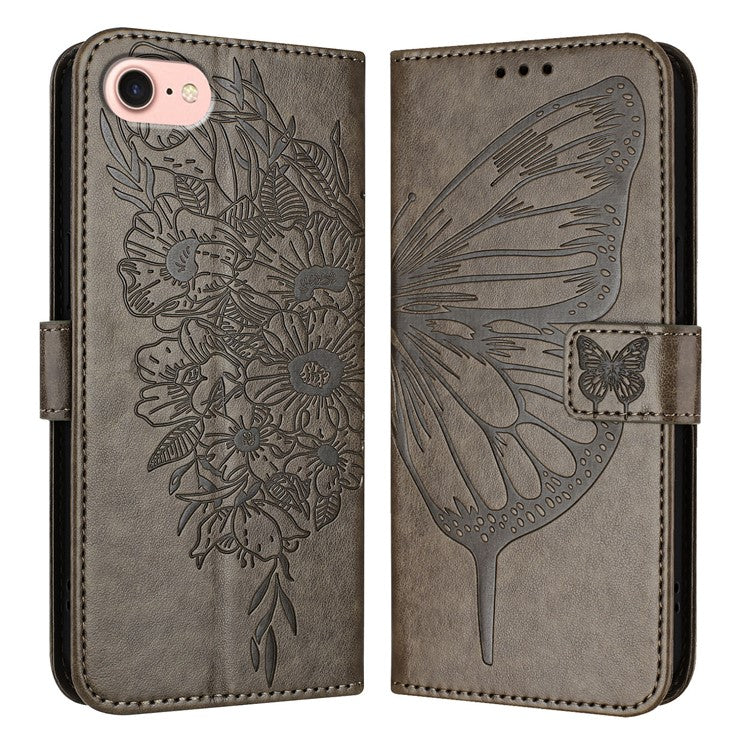 YB Imprinting Series-4 For iPhone SE (2025) Wallet Case Shockproof Leather Phone Cover with Hand Strap - Grey