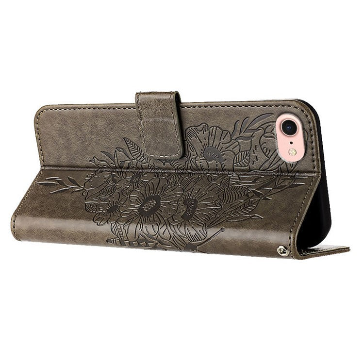 YB Imprinting Series-4 For iPhone SE (2025) Wallet Case Shockproof Leather Phone Cover with Hand Strap - Grey