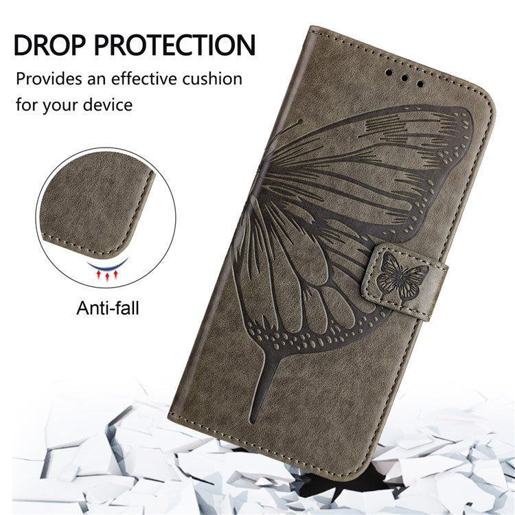 YB Imprinting Series-4 For iPhone SE (2025) Wallet Case Shockproof Leather Phone Cover with Hand Strap - Grey