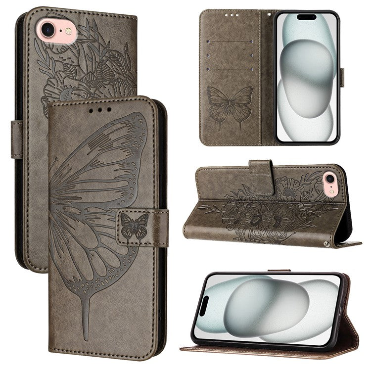 YB Imprinting Series-4 For iPhone SE (2025) Wallet Case Shockproof Leather Phone Cover with Hand Strap - Grey
