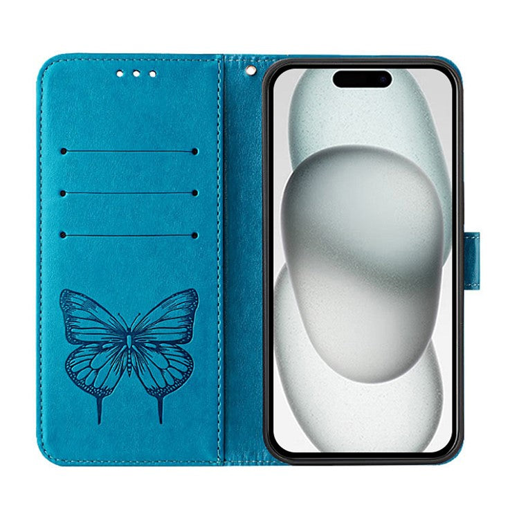YB Imprinting Series-4 For iPhone SE (2025) Wallet Case Shockproof Leather Phone Cover with Hand Strap - Blue