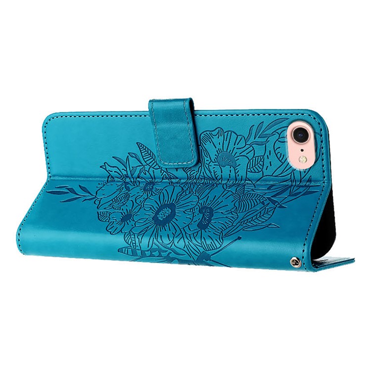 YB Imprinting Series-4 For iPhone SE (2025) Wallet Case Shockproof Leather Phone Cover with Hand Strap - Blue