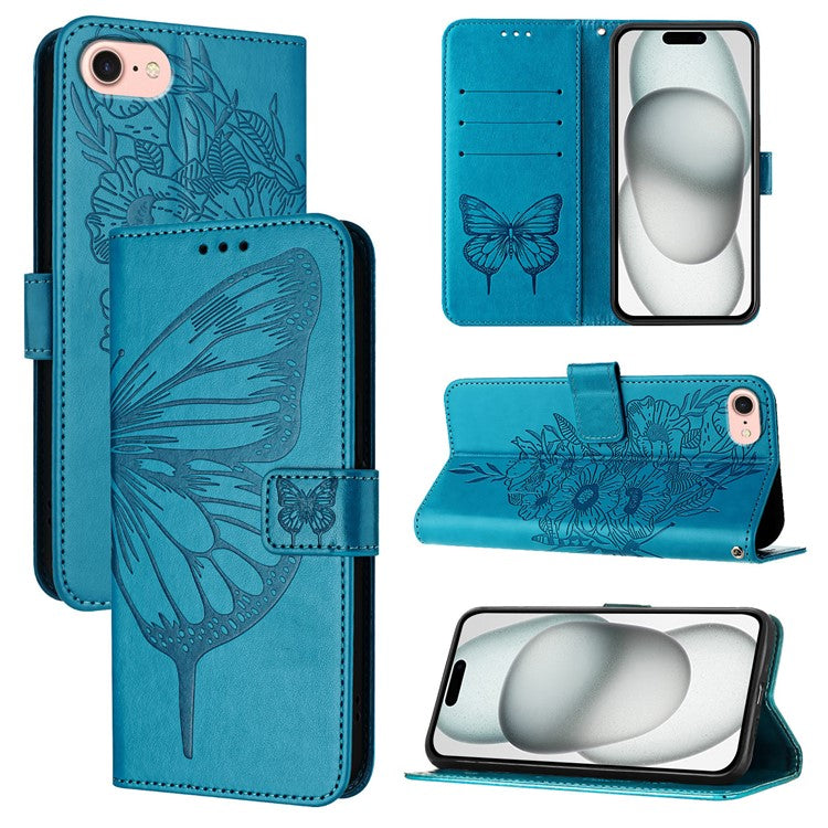 YB Imprinting Series-4 For iPhone SE (2025) Wallet Case Shockproof Leather Phone Cover with Hand Strap - Blue