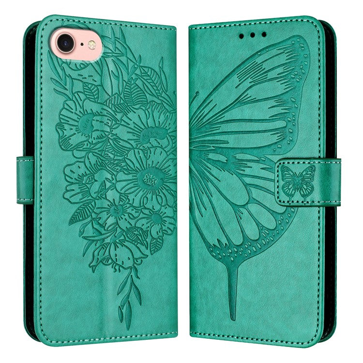 YB Imprinting Series-4 For iPhone SE (2025) Wallet Case Shockproof Leather Phone Cover with Hand Strap - Green