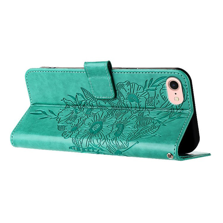 YB Imprinting Series-4 For iPhone SE (2025) Wallet Case Shockproof Leather Phone Cover with Hand Strap - Green