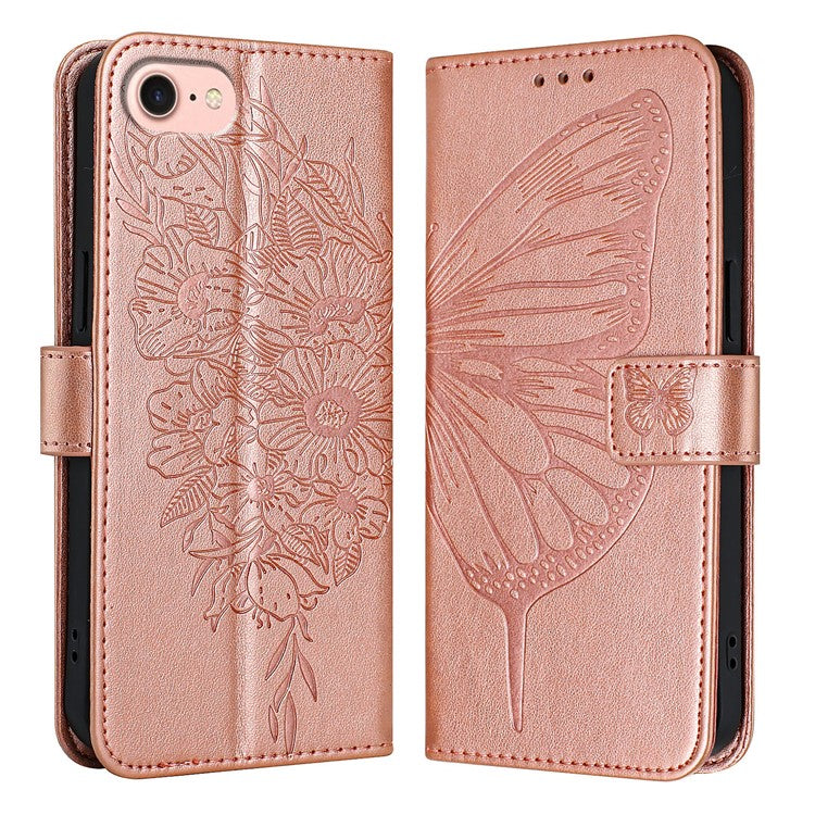 YB Imprinting Series-4 For iPhone SE (2025) Wallet Case Shockproof Leather Phone Cover with Hand Strap - Rose Gold