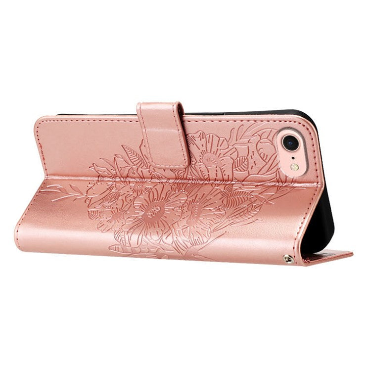 YB Imprinting Series-4 For iPhone SE (2025) Wallet Case Shockproof Leather Phone Cover with Hand Strap - Rose Gold
