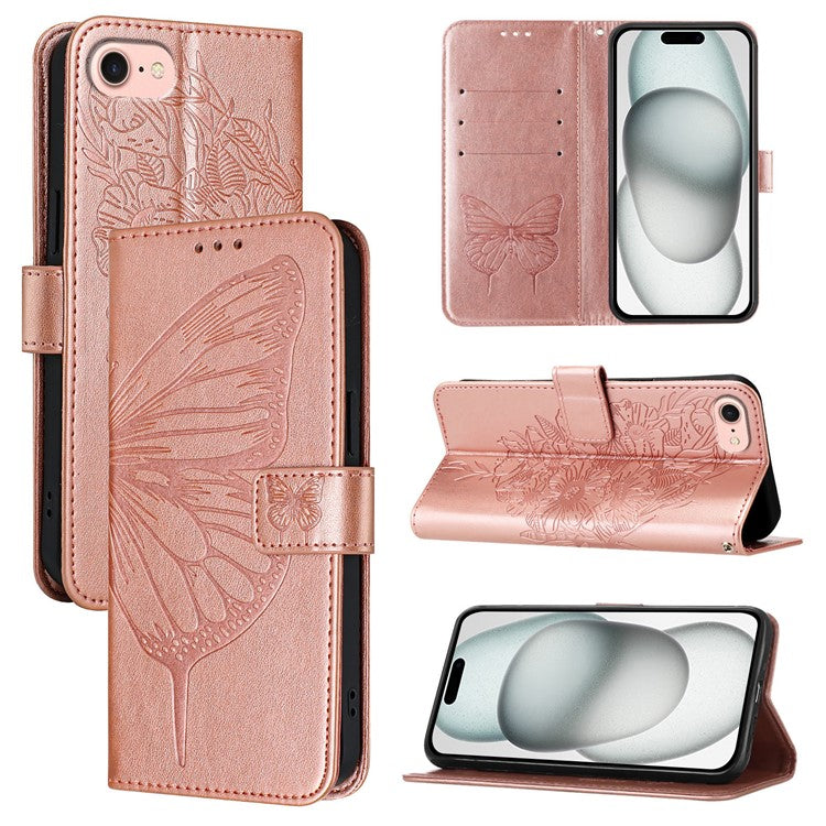 YB Imprinting Series-4 For iPhone SE (2025) Wallet Case Shockproof Leather Phone Cover with Hand Strap - Rose Gold