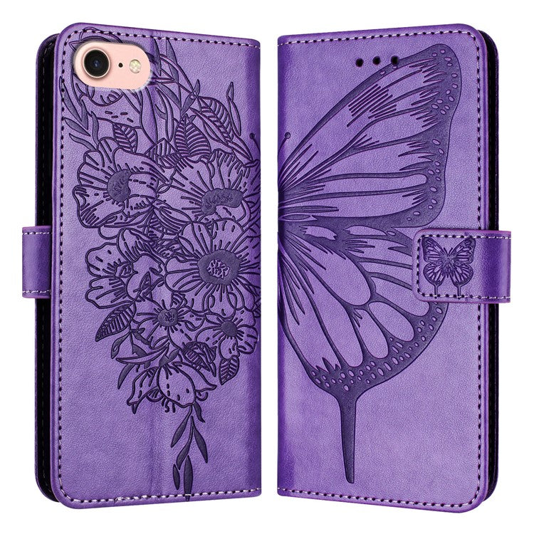 YB Imprinting Series-4 For iPhone SE (2025) Wallet Case Shockproof Leather Phone Cover with Hand Strap - Light Purple