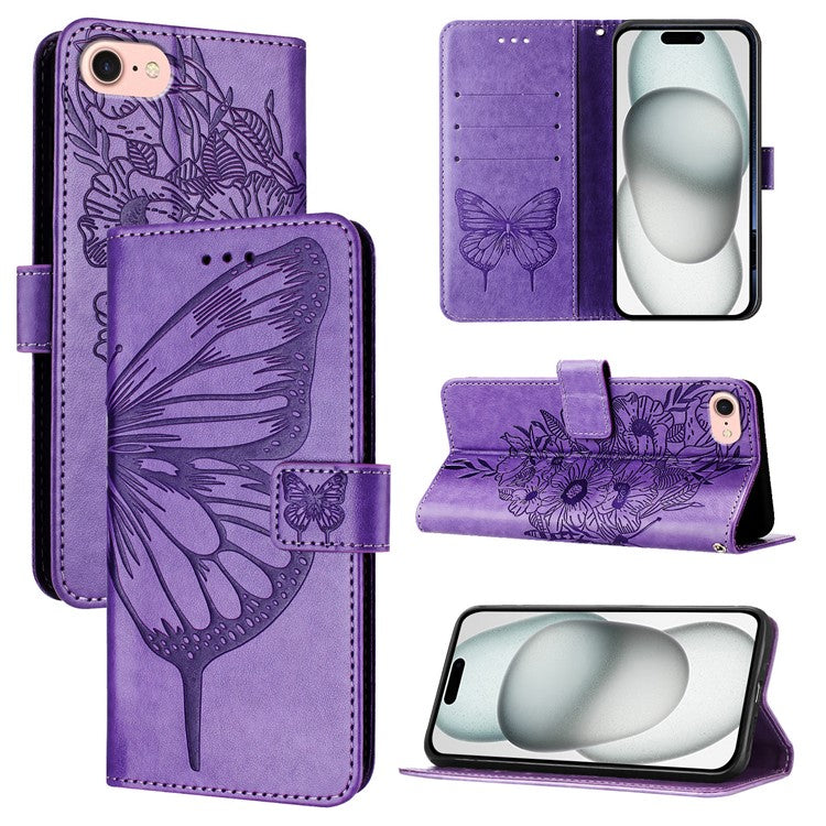 YB Imprinting Series-4 For iPhone SE (2025) Wallet Case Shockproof Leather Phone Cover with Hand Strap - Light Purple